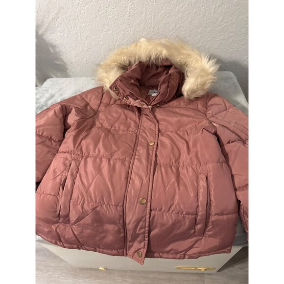 G By Guess Womens Pink Puffer Jacket With Faux Fur Hood - Size S/P - Picture 2 of 6